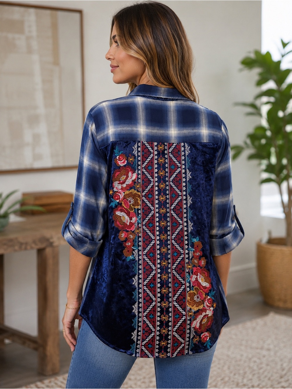 Boho plaid embroidered velvet button-up shirt floral western festival top
